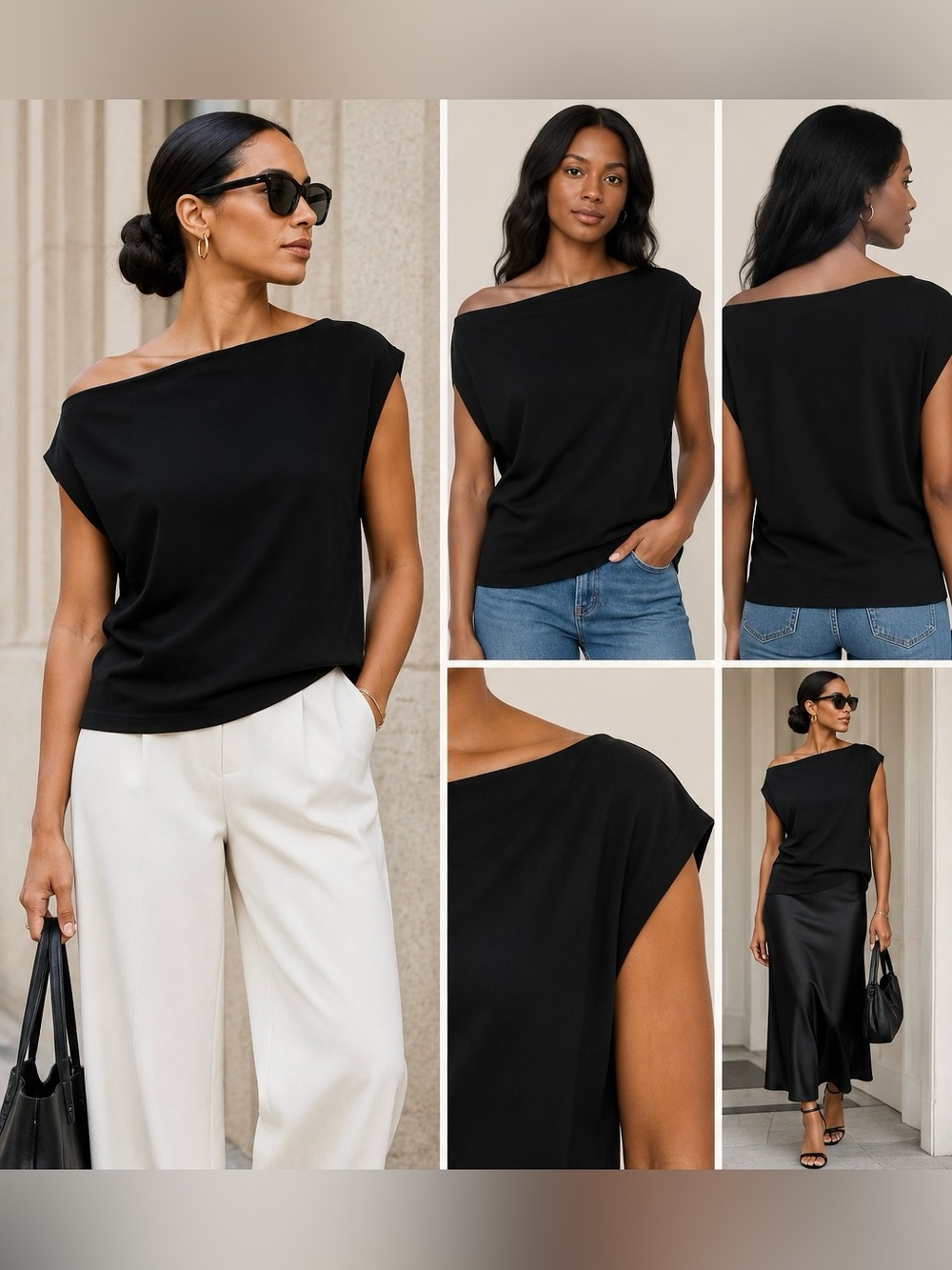 Norma Kamali Black Asymmetric Boat Neck Draped Top L/40
